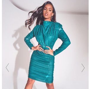 EMERALD GREEN SEQUIN SHOULDER PAD RUCHED FRONT MID